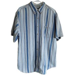 Vintage Basic Editions Denim Shirt Blue Striped Short Sleeve Button Down Mens L‎